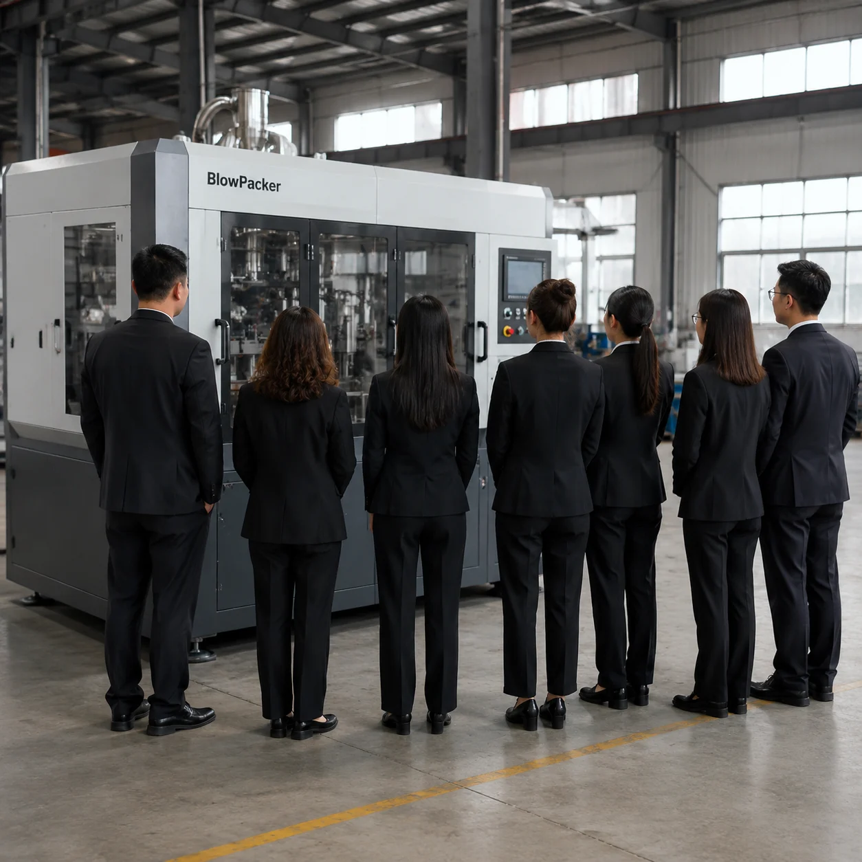 BlowPacker engineering team collaborating on factory floor