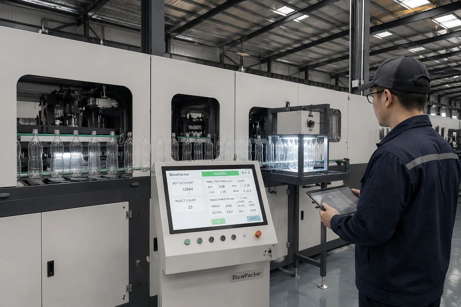 BlowPacker factory acceptance testing and inline bottle quality control inspection