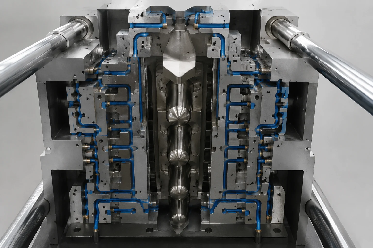 Cross section engineering diagram of an extrusion blow mold detailing the layout of internal cooling channels, pinch-offs, and structural steel backing