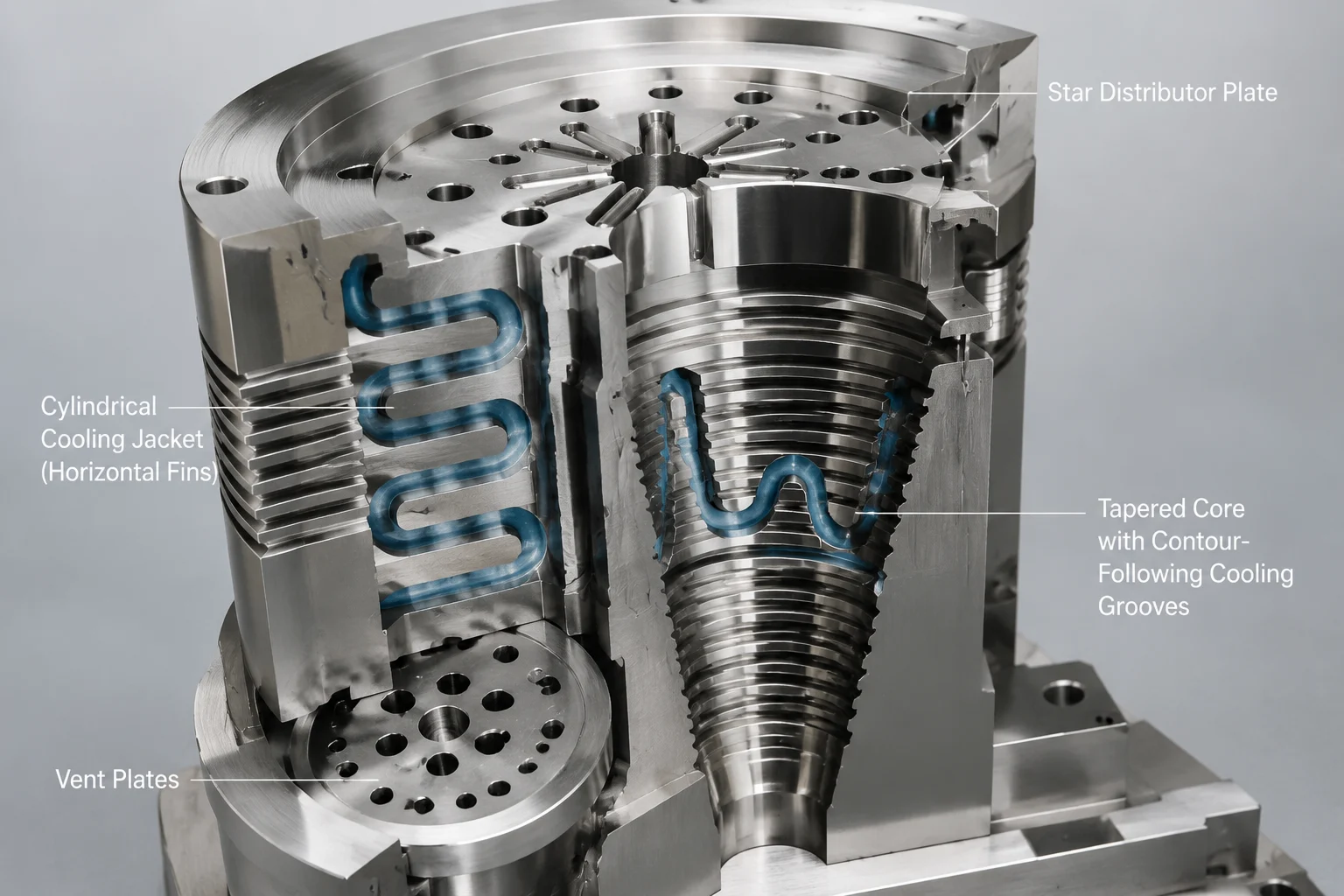 Cross-sectional CAD rendering of advanced multi-zone cooling circuit for PET blow mold