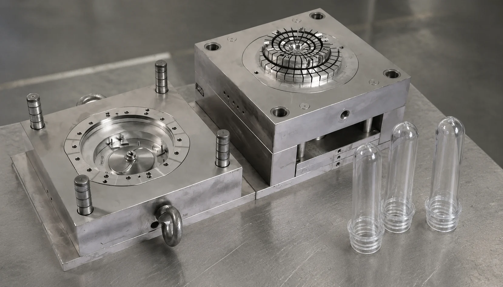 Engineering rendering showcasing high-speed PET blow mold cavity adjustment for universal preform compatibility