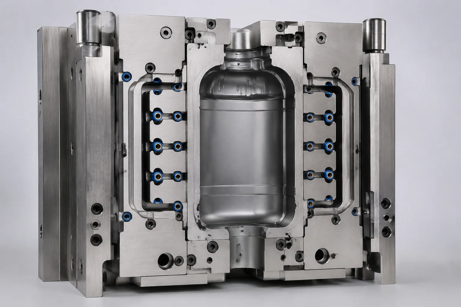 High-resolution bottle blow mold cross-section highlighting engineered cooling channels and metallurgy