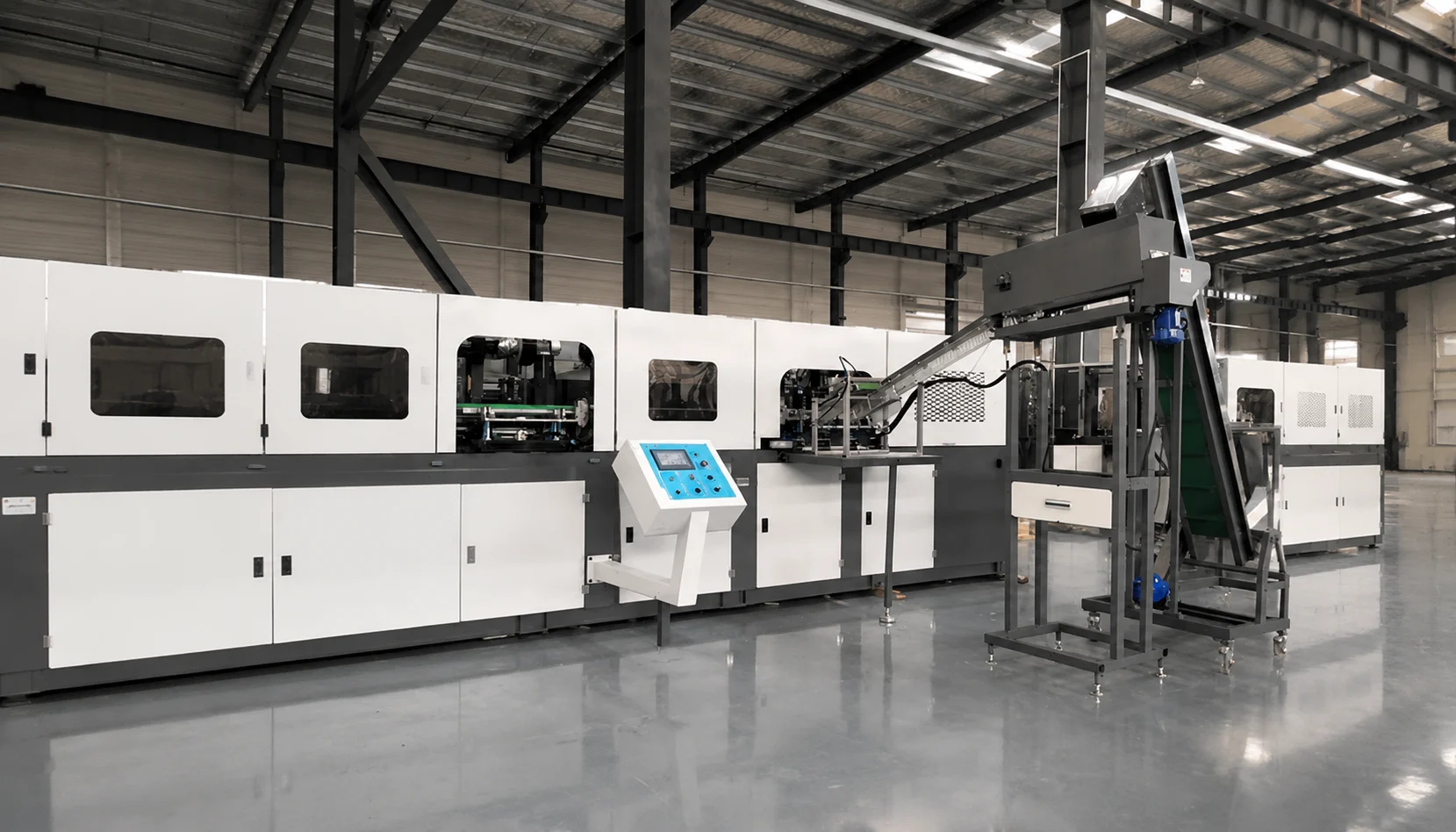 Industrial blow molding machine refurbishment process flow at BlowPacker facility