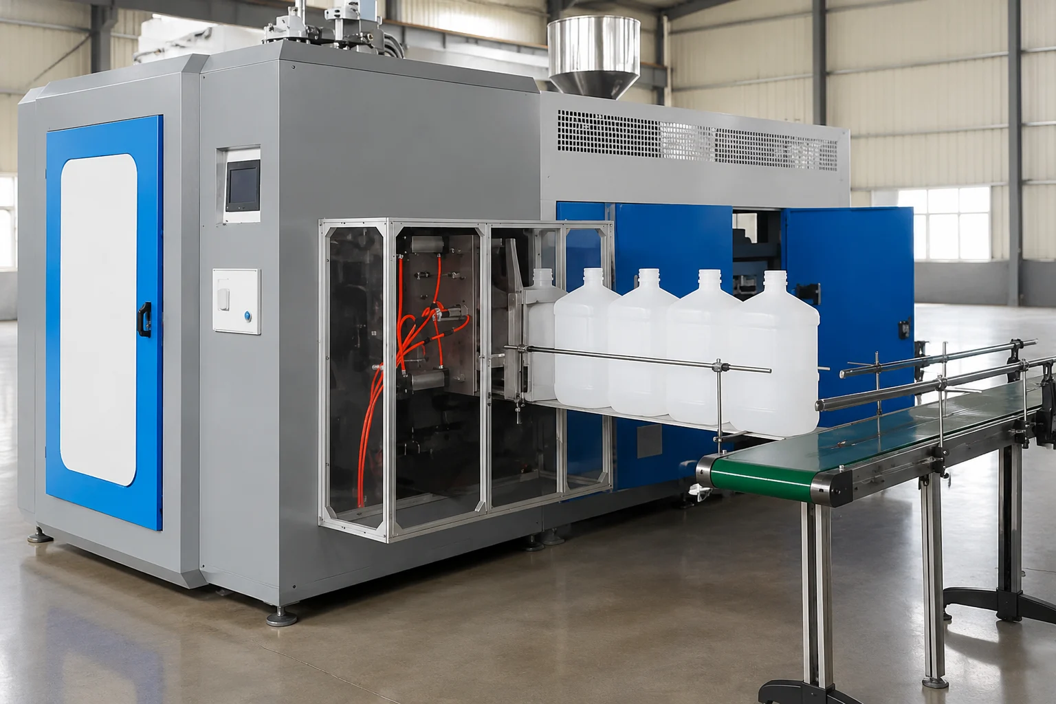 Industrial extrusion blow molding machine in a high-volume production line