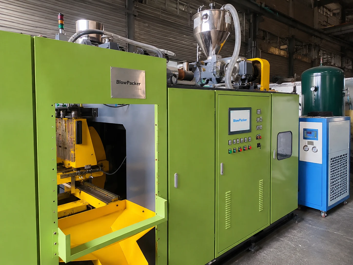 Semi-automatic blow molding line with auxiliary equipment integration