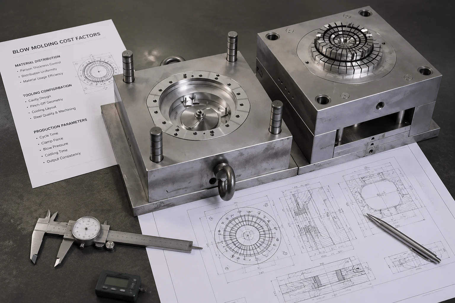 Technical diagram outlining blow molding cost factors including material distribution, tooling configuration, and production parameters