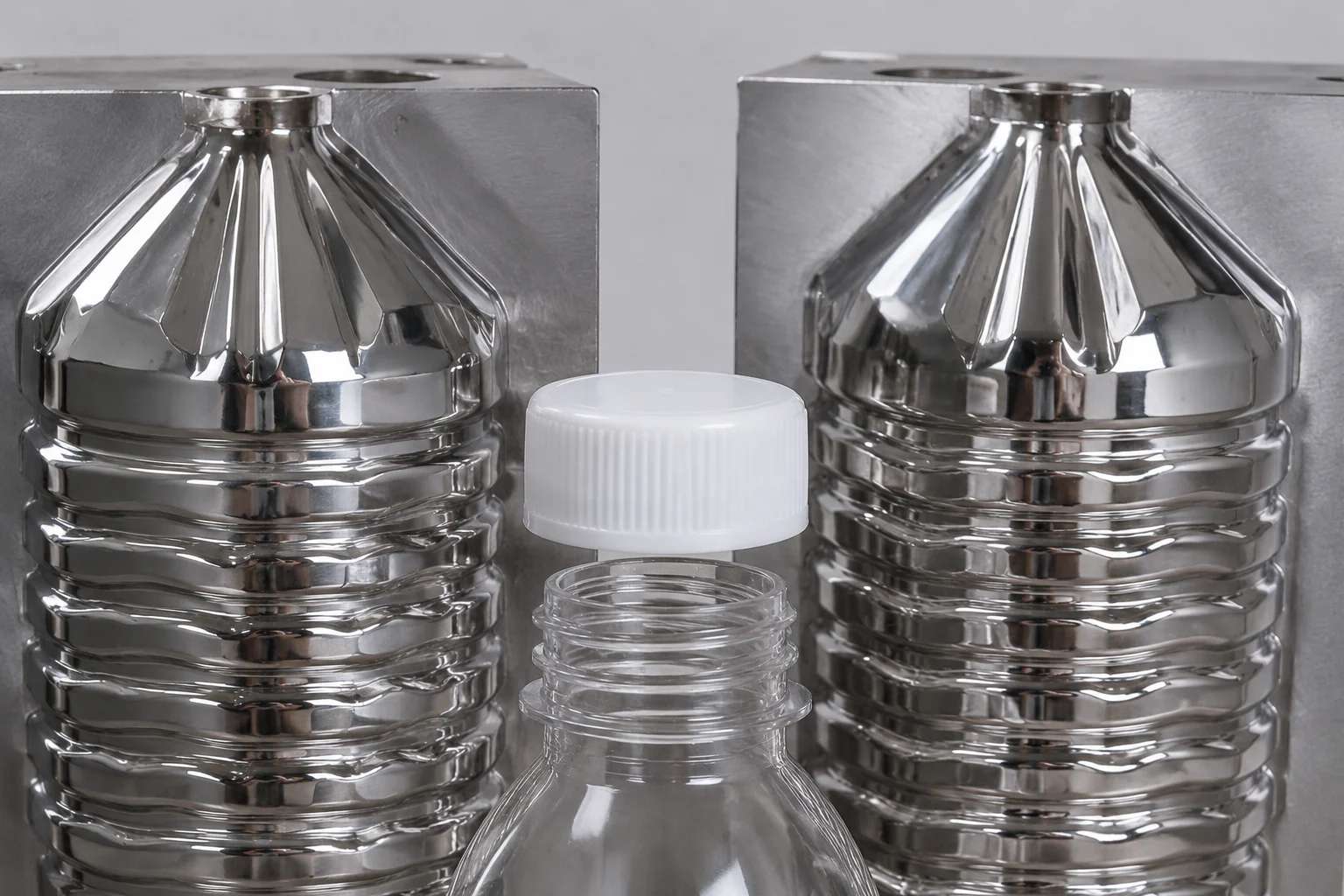 Technical schematic drawing of a custom bottle blow mold neck finish and precise thread profile showing cap interface alignment
