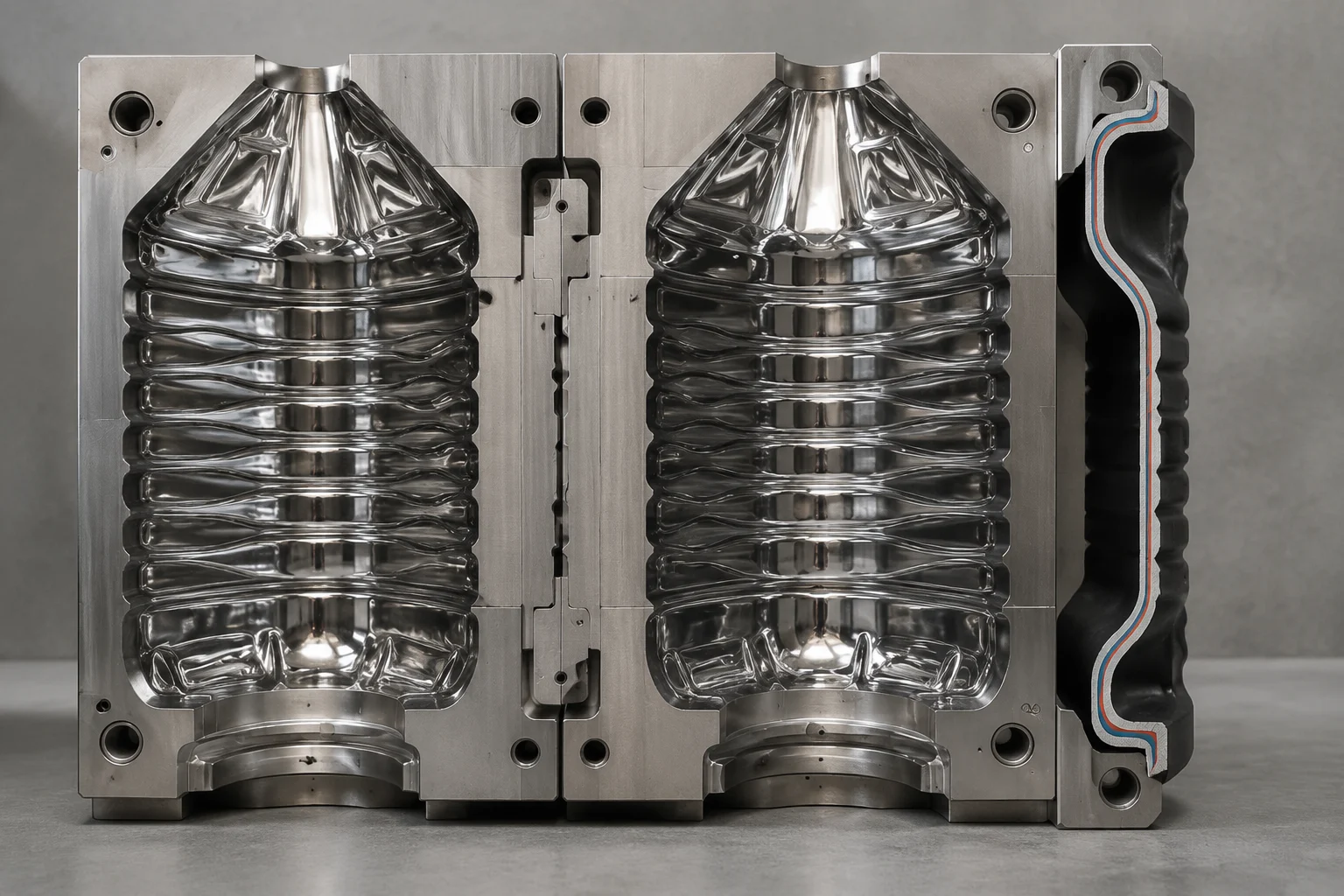 Technical schematic showing extrusion blow mold cavity split line and cross section of a molded multi-layer container