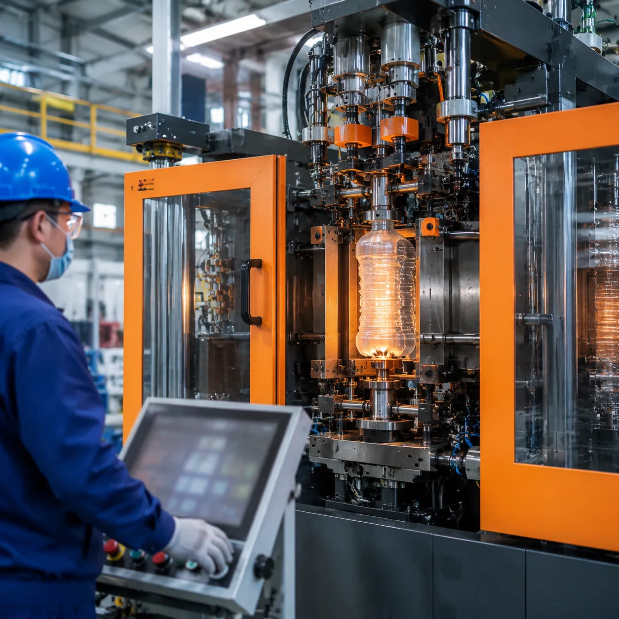 Automatic hollow blow molding machine for industrial hollow container production